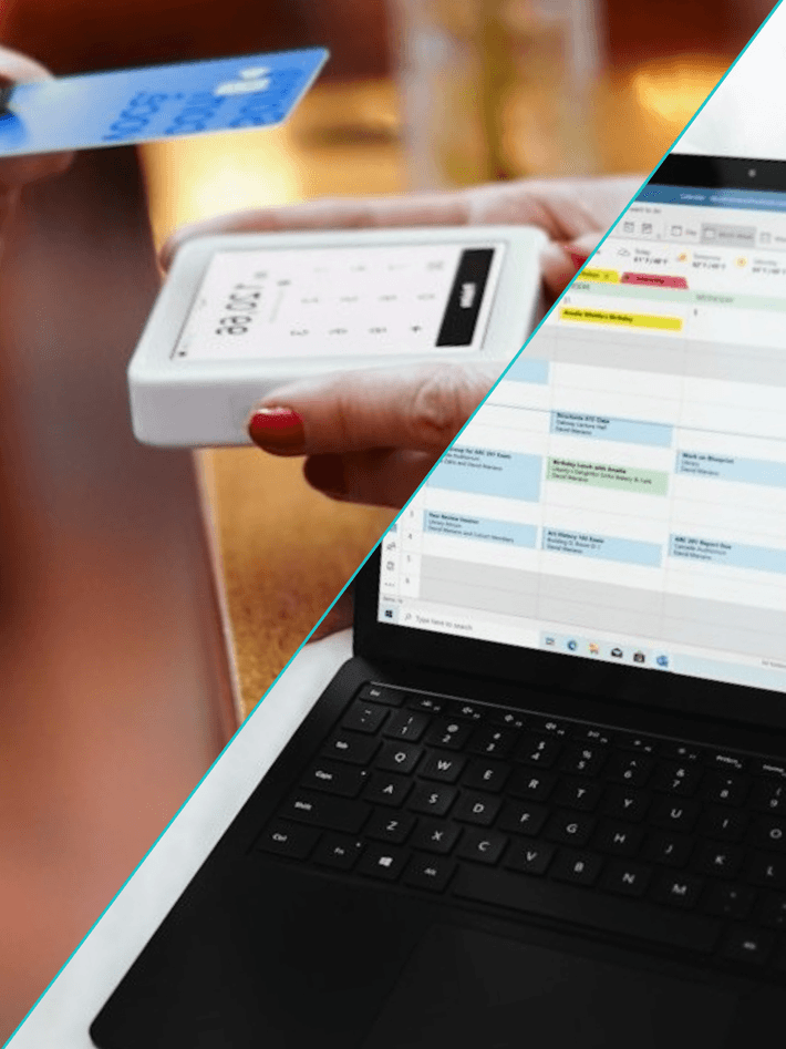 Taking payment with a card machine and a laptop with a calendar booking system on the screen.