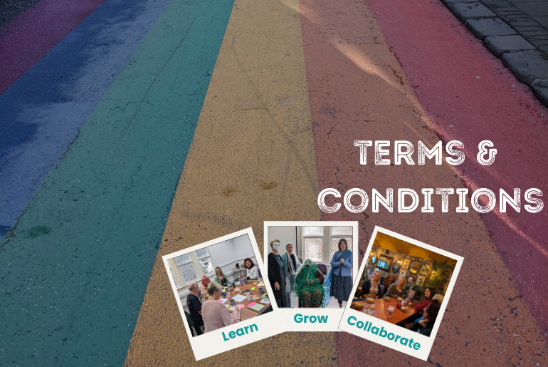 A rainbow road with polaroid photos of the meetups.