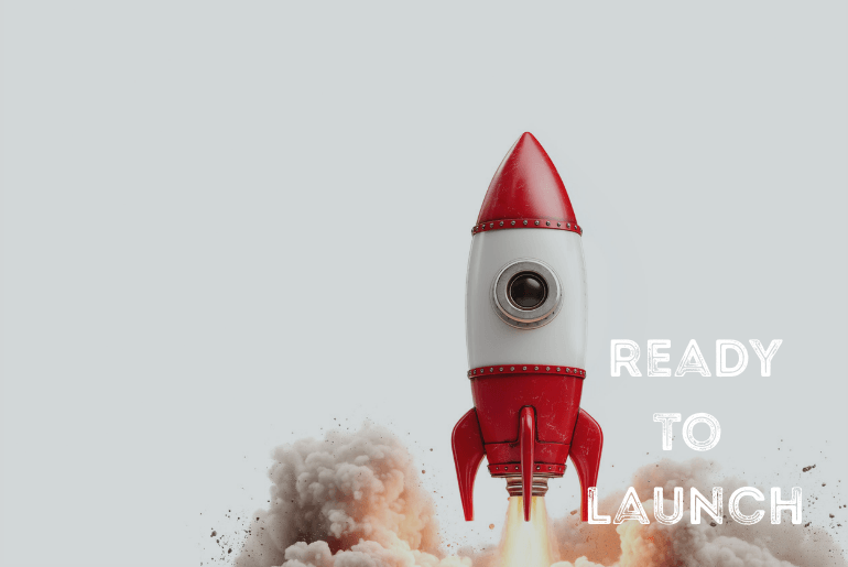 A red rocket launching with a cloud below it.