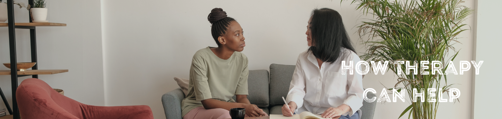 Two women sitting on a sofa having a meeting.