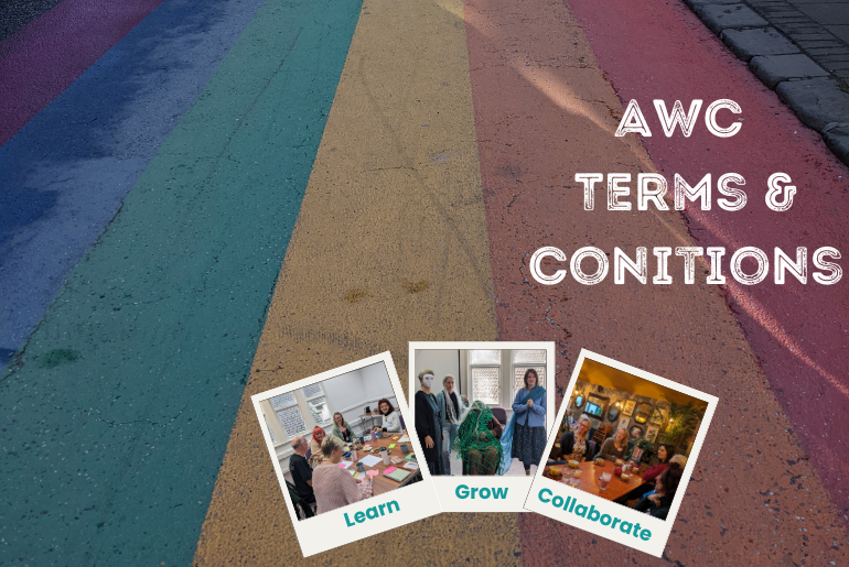 A rainbow road with polaroid photos of the meetups.