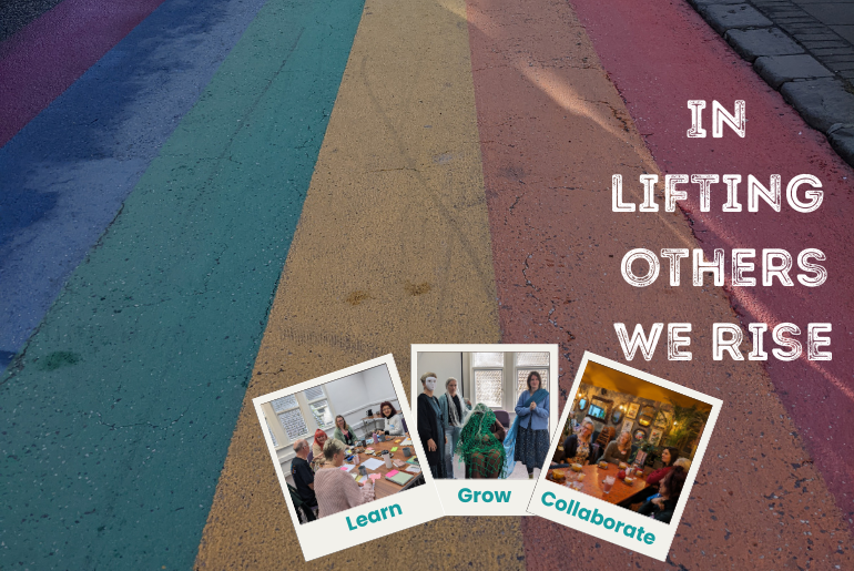 A rainbow street with polaroid pictures of the community meetups.