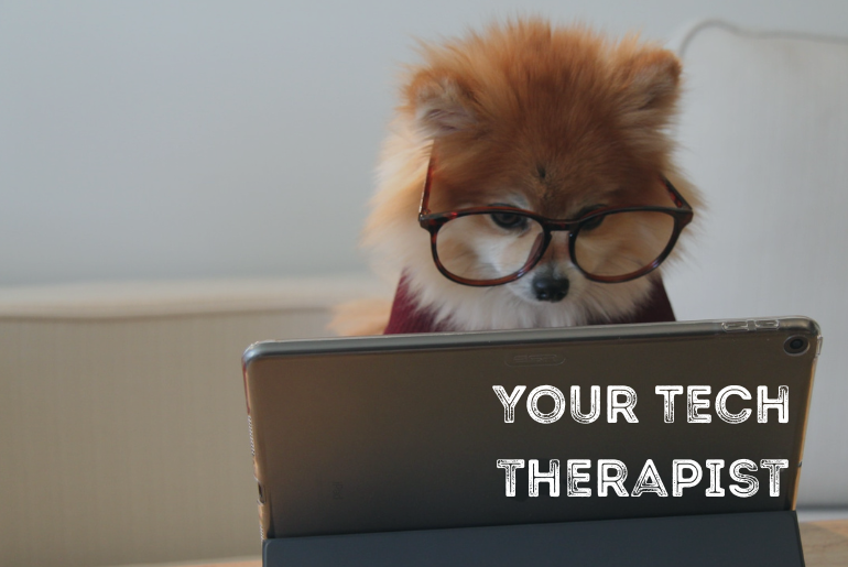 A pomeranian dog wearing glasses working on an ipad.