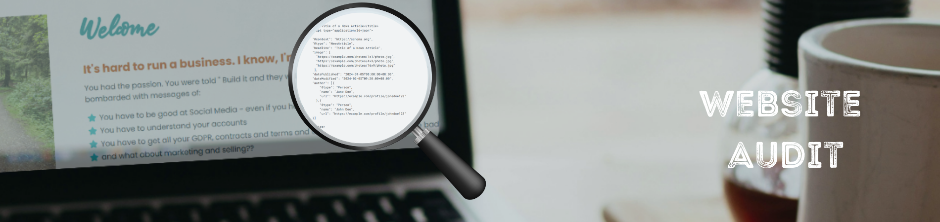 A laptop with a magnifying glass over part of the screen to magnify the website code.