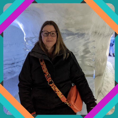Lindsay sitting on an ice chair in an ice cave