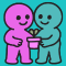 A purple cartoon person standing next to a green cartoon person both holding onto a pot plant