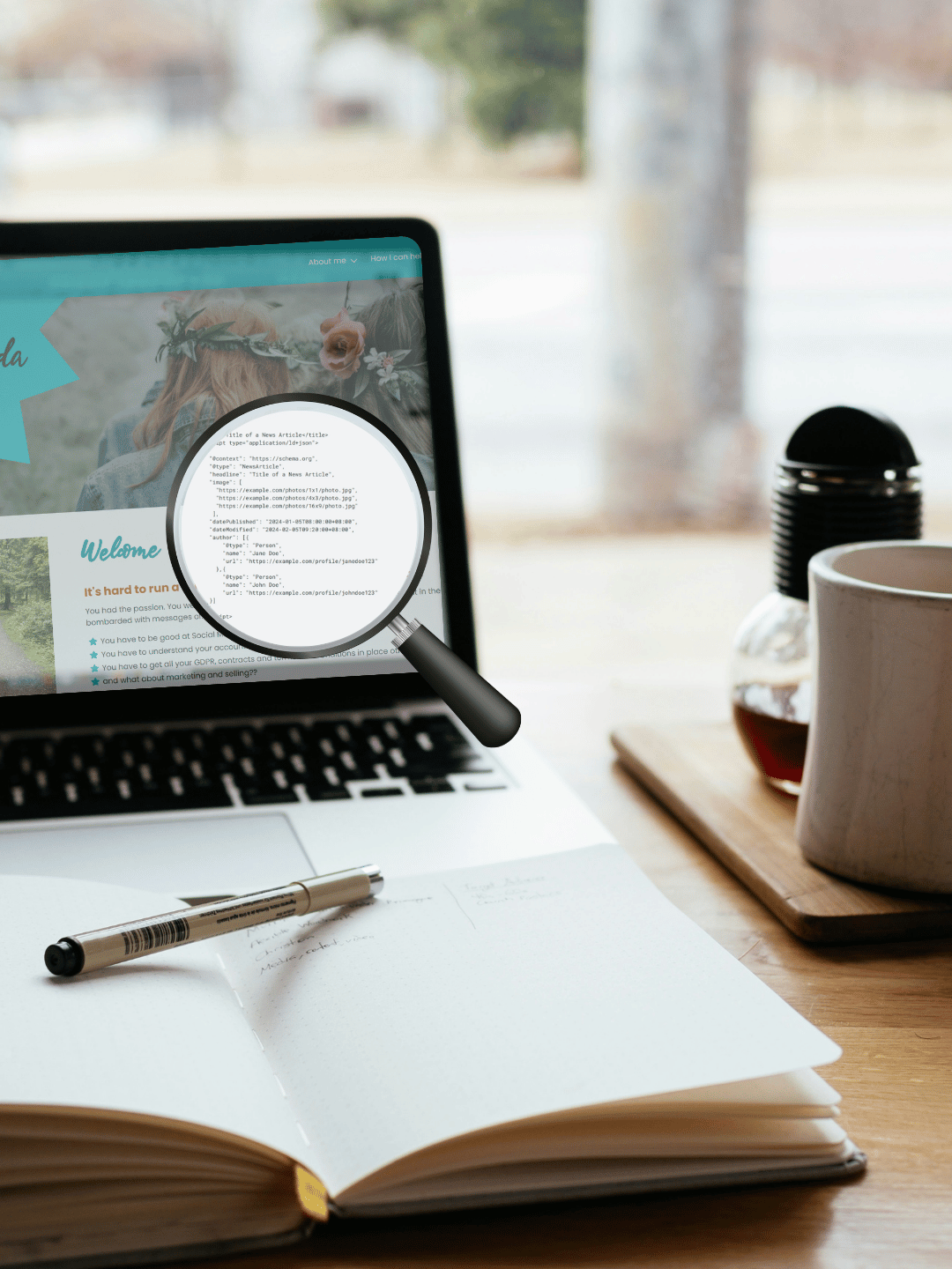 A magnifying glass exposing website code on a laptop