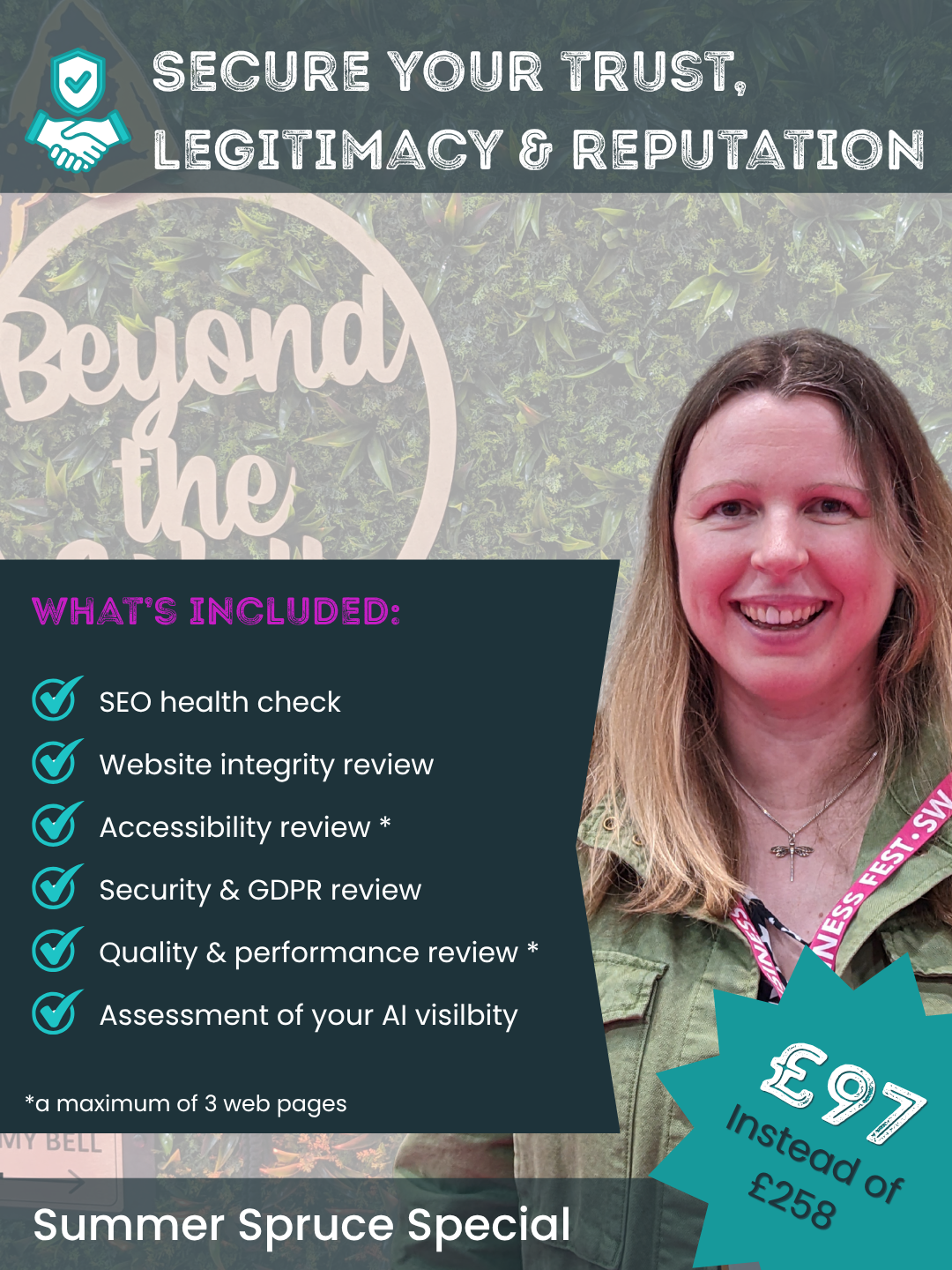 A poster of Lindsay and bullet point texts covering what is included in the website audit