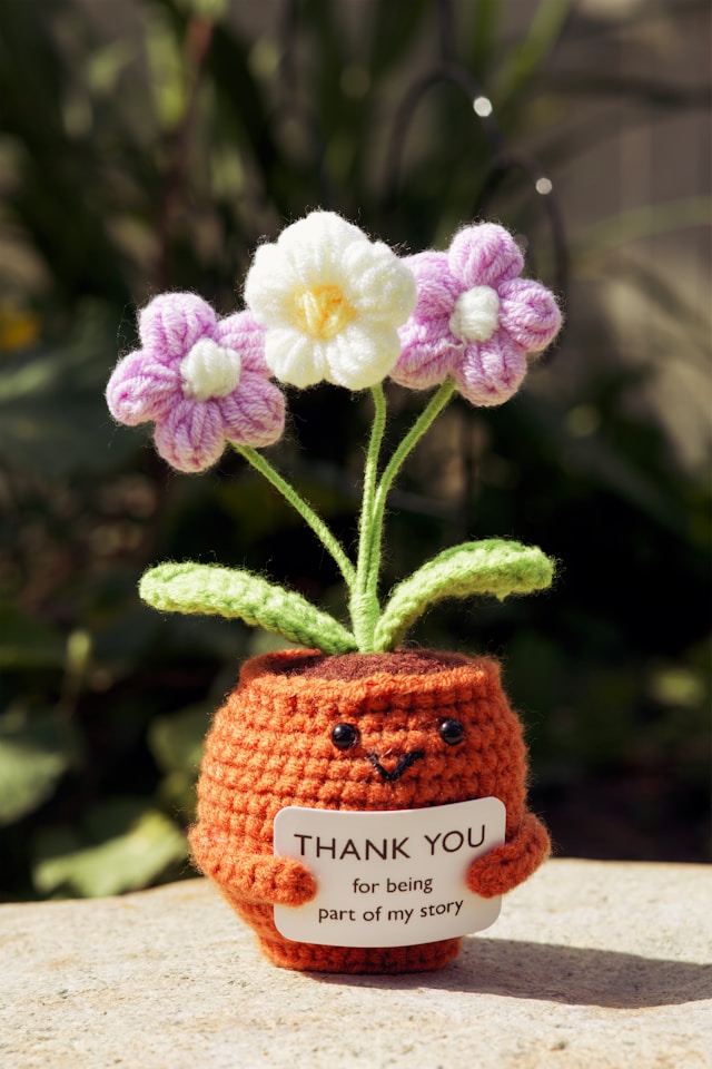 A crochet flower pot with 3 flowers in it holding up a sign saying Thank you for being part of my story
